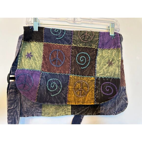 Boho Hippie Crossbody Shoulder Bag Patchwork Peace Sign Colorful - Picture 2 of 5